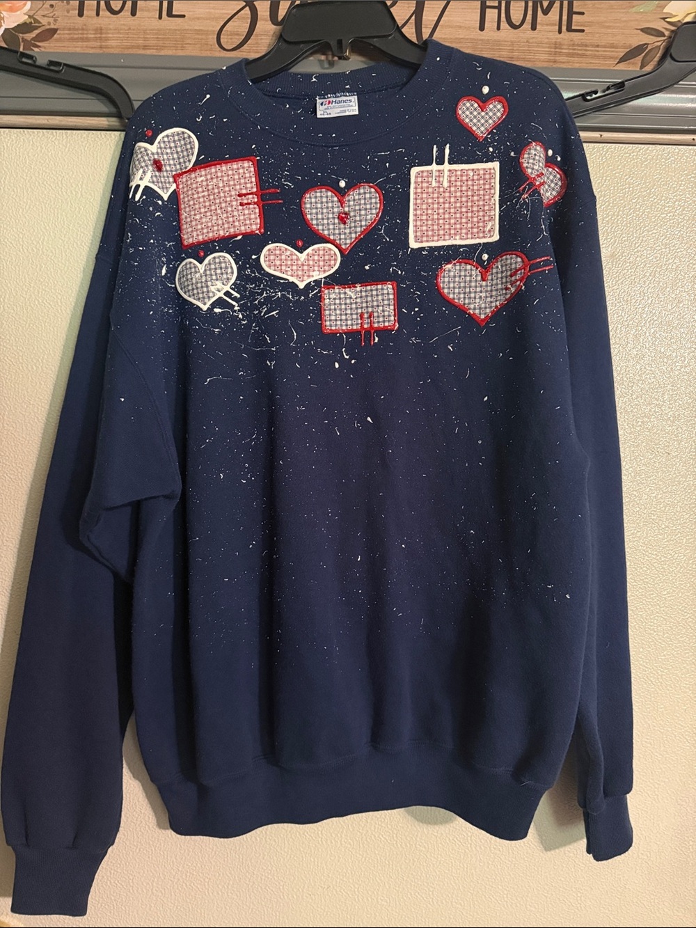 Hanes Navy Sweatshirt with Red & White Heart Patch Appliqués